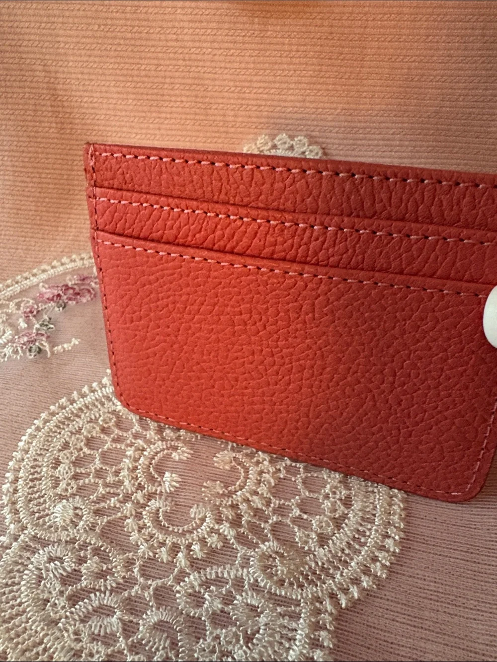 Pom Pom Coral Card Holder - Slim Leather Wallet